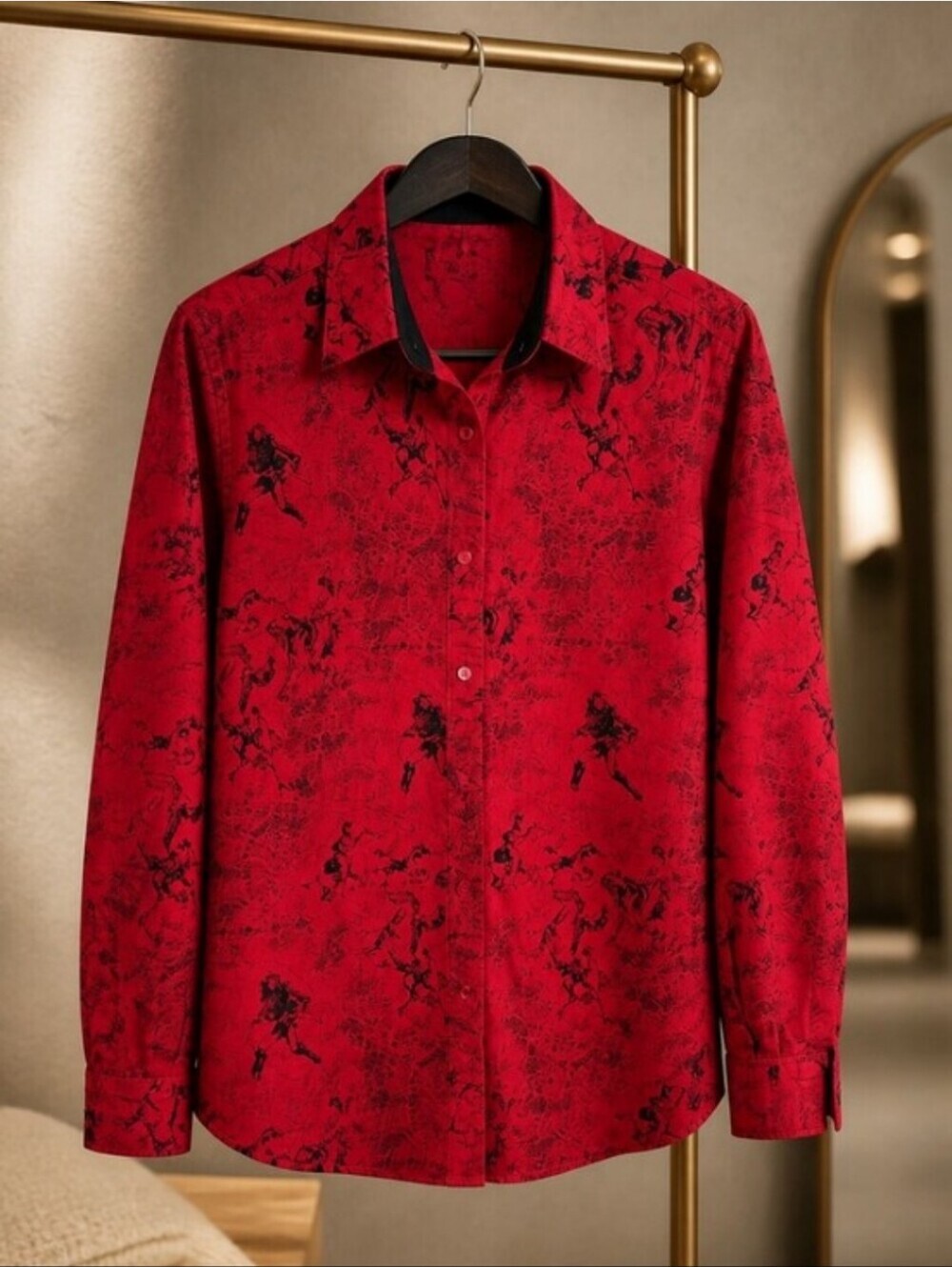 Wrangler Blues Tailored Red Button-Down Shirt Subtle Black Motif 100% Cotton